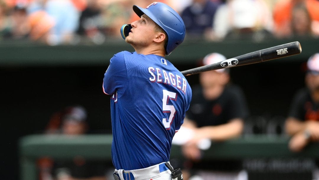 Texas Rangers' Corey Seager in action during a baseball game against the Baltimore Orioles, Sunday, May 28, 2023, in Baltimore.