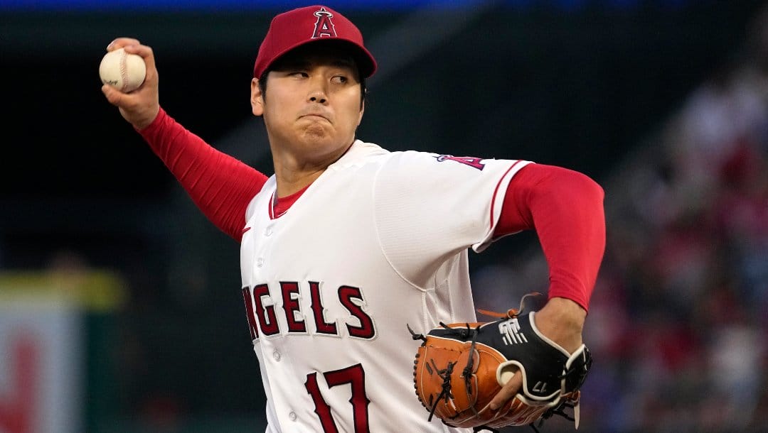 Los Angeles Angels starting pitcher Shohei Ohtani throws to the plate during the third inning of a baseball game against the Miami Marlins Saturday, May 27, 2023, in Anaheim, Calif.