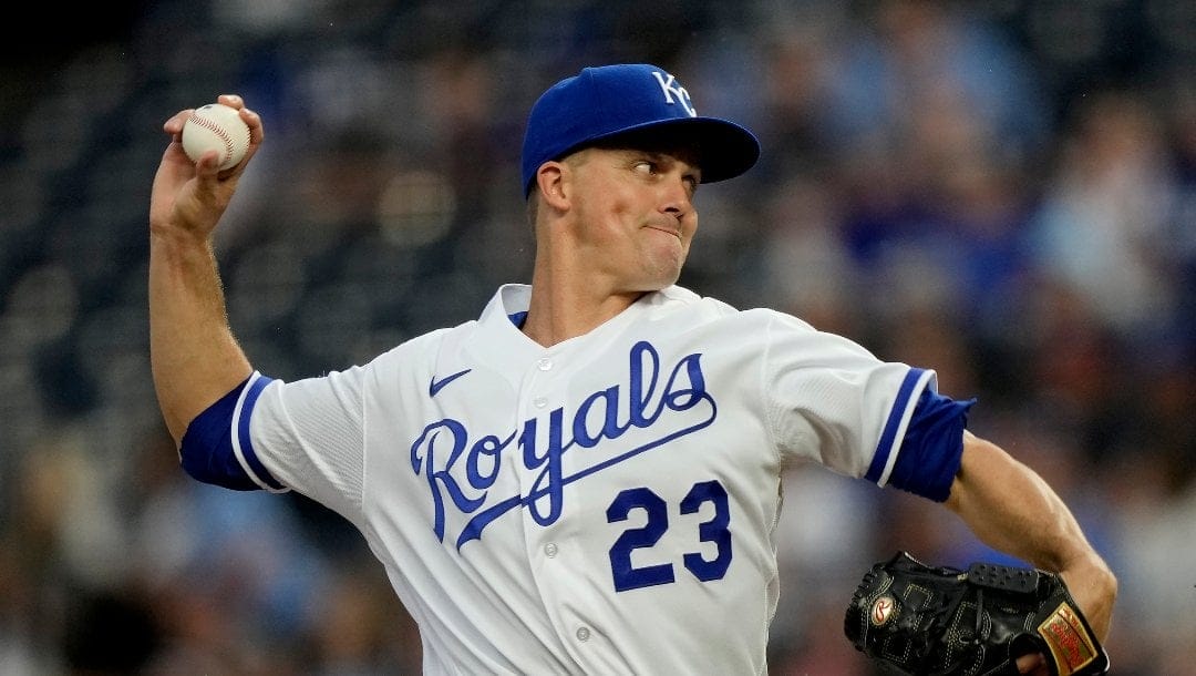 Kansas City Royals starting pitcher Zack Greinke throws during the third inning of a baseball game against the Detroit Tigers Wednesday, May 24, 2023, in Kansas City, Mo.