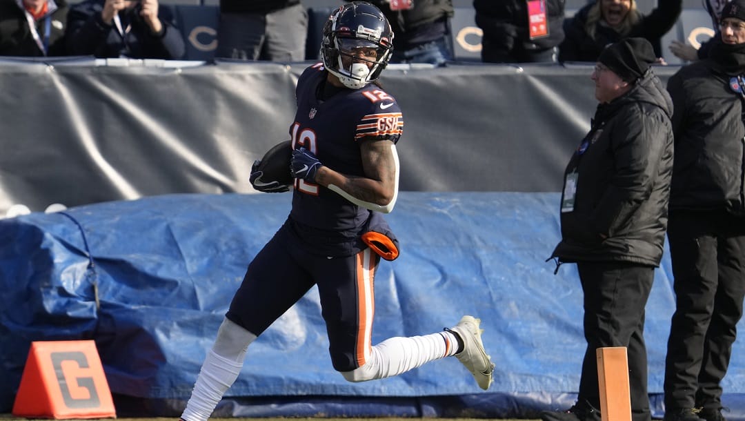 Chicago Bears wide receiver Velus Jones Jr., scores a touchdown by running during the first half of an NFL football game against the Minnesota Vikings, Sunday, Jan. 8, 2023, in Chicago.