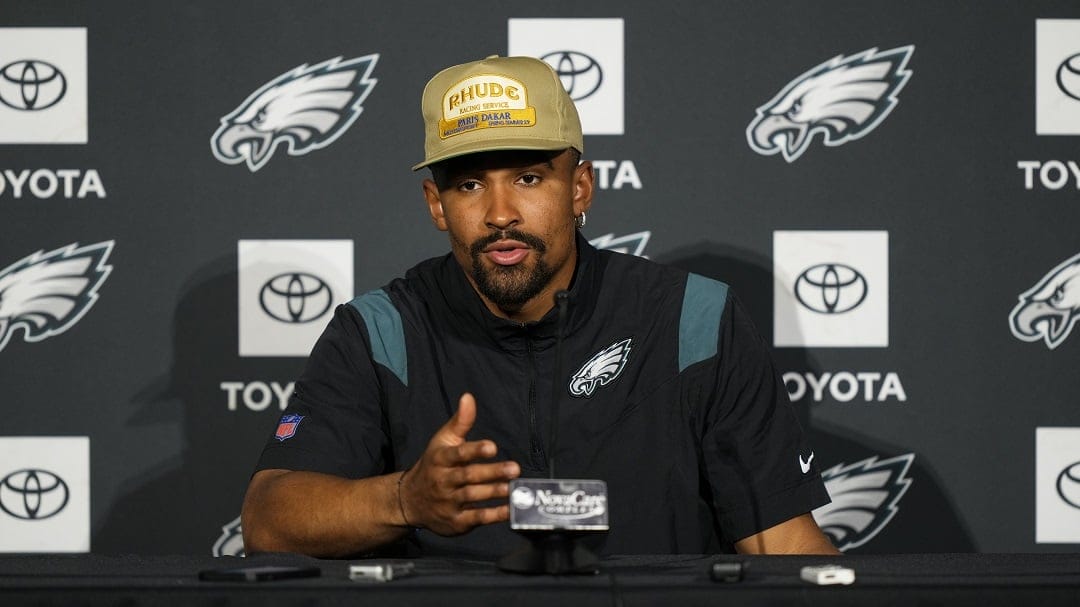 Philadelphia Eagles quarterback Jalen Hurts speaks with members of the media during a news conference at the NFL football team's training facility in Philadelphia, Thursday, June 8, 2023.