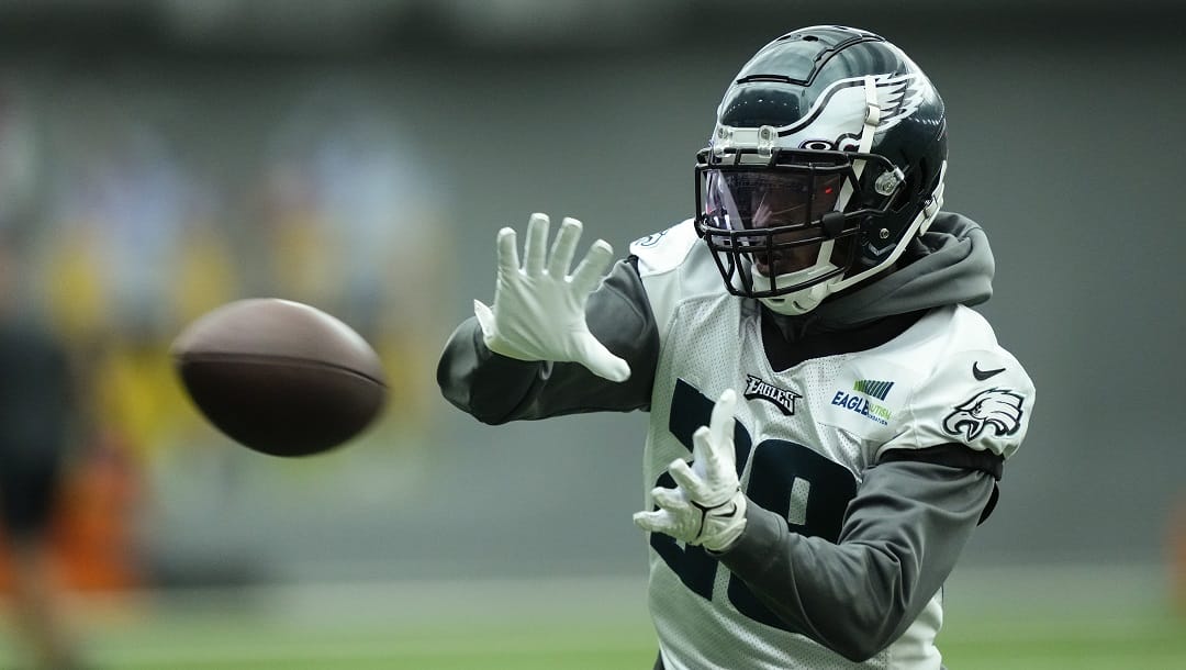 Philadelphia Eagles' Josh Jobe catches a pass during practice at the NFL football teams training facility in Philadelphia, Thursday, June 8, 2023.