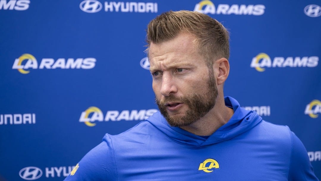 Los Angeles Rams head coach Sean McVay answers the questions by the members of media after the NFL football team's camp, Tuesday, June 13, 2023, in Thousand Oaks, Calif.