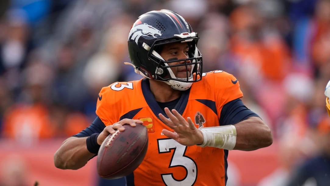 Denver Broncos quarterback Russell Wilson (3) in an NFL football game Sunday, Jan. 8, 2023, in Denver. (AP Photo/David Zalubowski)