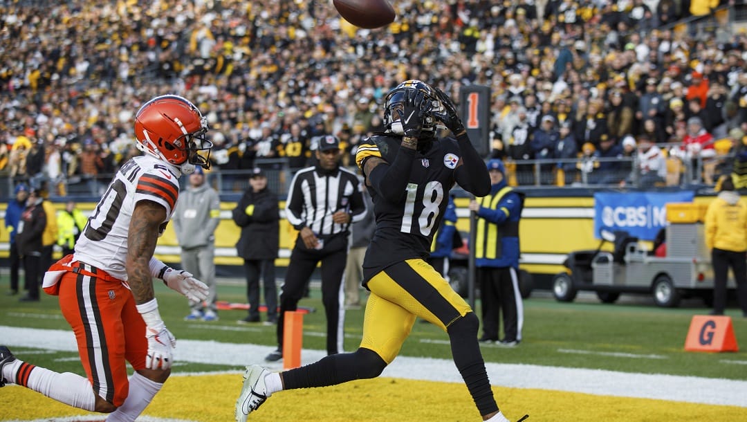 Pittsburgh Steelers wide receiver Diontae Johnson (18) catches a two-point conversion during an NFL football game, Sunday, Jan. 8, 2023, in Pittsburgh, PA.