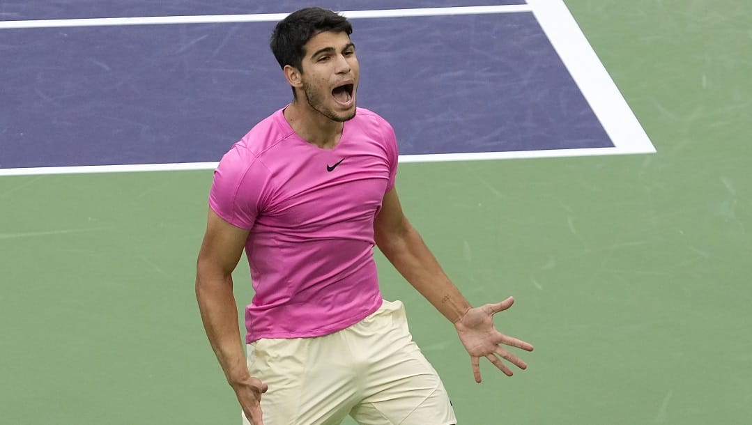 Carlos Alcaraz, of Spain, celebrates after defeating Daniil Medvedev, of Russia, during the men's singles final at the BNP Paribas Open tennis tournament Sunday, March 19, 2023, in Indian Wells, Calif.