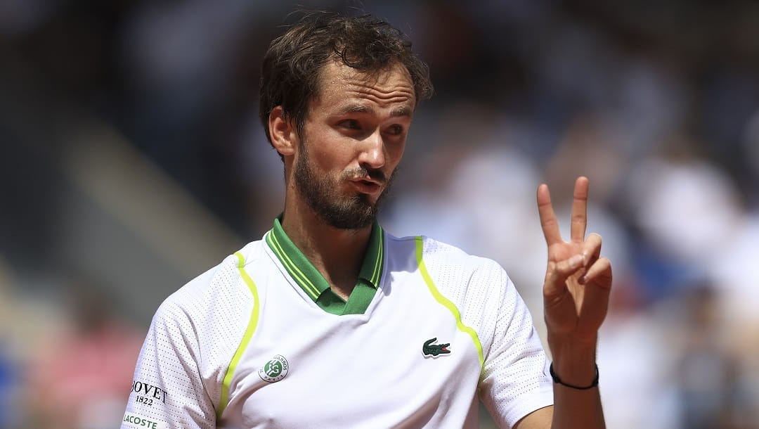 Russia's Daniil Medvedev gestures during his first round match of the French Open tennis tournament against Brazil's Thiago Seyboth Wild at the Roland Garros stadium in Paris, Tuesday, May 30, 2023.