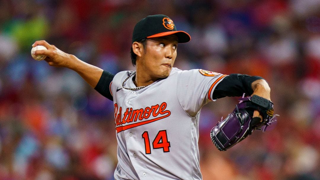 Baltimore Orioles relief pitcher Shintaro Fujinami delivers during the baseball game against the Philadelphia Phillies, Tuesday, July 25, 2023, in Philadelphia. The Phillies won 4-3.