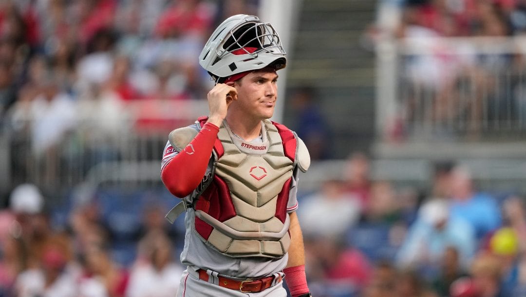 Reds player Tyler Stephenson looking discontented.