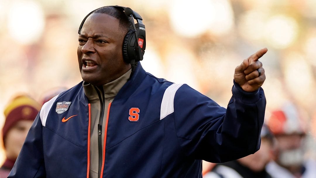 Syracuse head coach Dino Babers reacts against Minnesota during the first half of the Pinstripe Bowl NCAA college football game Thursday, Dec. 29, 2022, in New York.