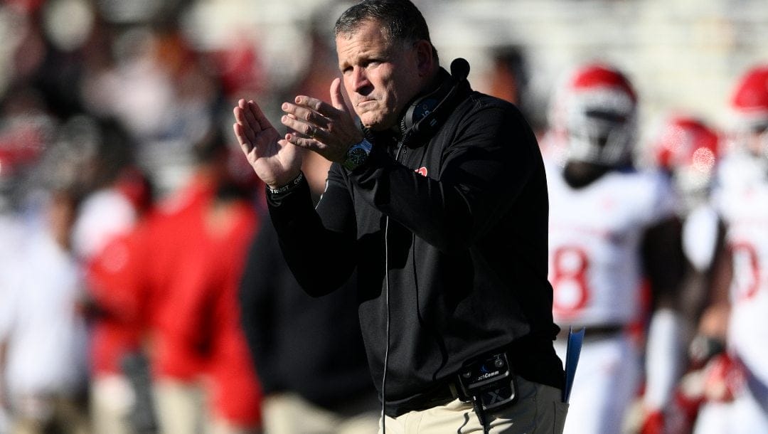 Rutgers head coach Greg Schiano reacts during the second half of an NCAA college football game against Maryland, Saturday, Nov. 26, 2022, in College Park, Md. Maryland won 37-0.