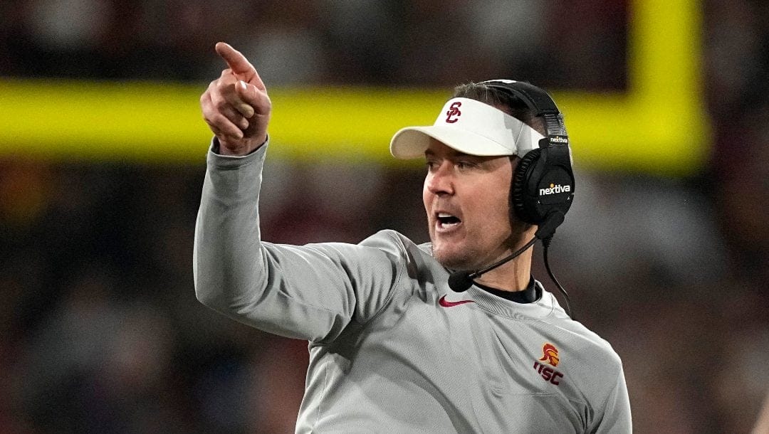 Southern California head coach Lincoln Riley gestures during the second half of an NCAA college football game against UCLA Saturday, Nov. 19, 2022, in Pasadena, Calif.