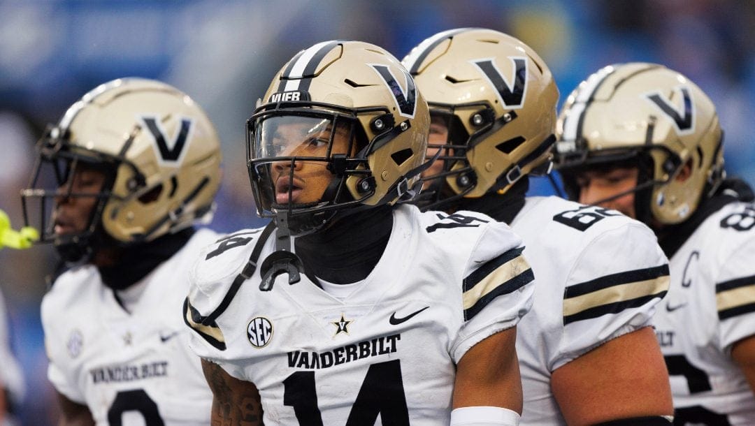 Vanderbilt wide receiver Will Sheppard (14) runs to the sideline after scoring the game winning touchdown against Kentucky during the second half of an NCAA college football game in Lexington, Ky., Saturday, Nov. 12, 2022.