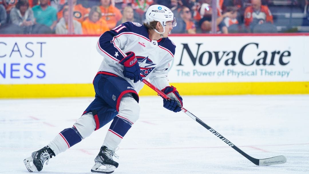 Columbus Blue Jackets' Kent Johnson in action during an NHL hockey game against the Philadelphia Flyers, Tuesday, April 11, 2023, in Philadelphia. The Flyers won 4-3 in overtime.