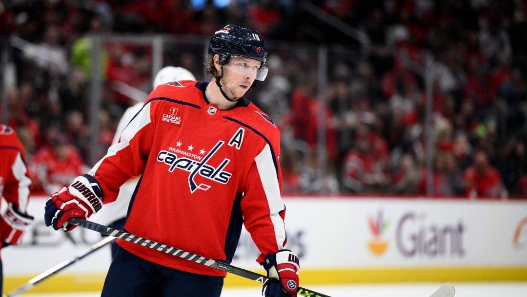 Washington Capitals center Nicklas Backstrom (19) looks on during the second period of an NHL hockey game against the Florida Panthers, Saturday, April 8, 2023, in Washington.