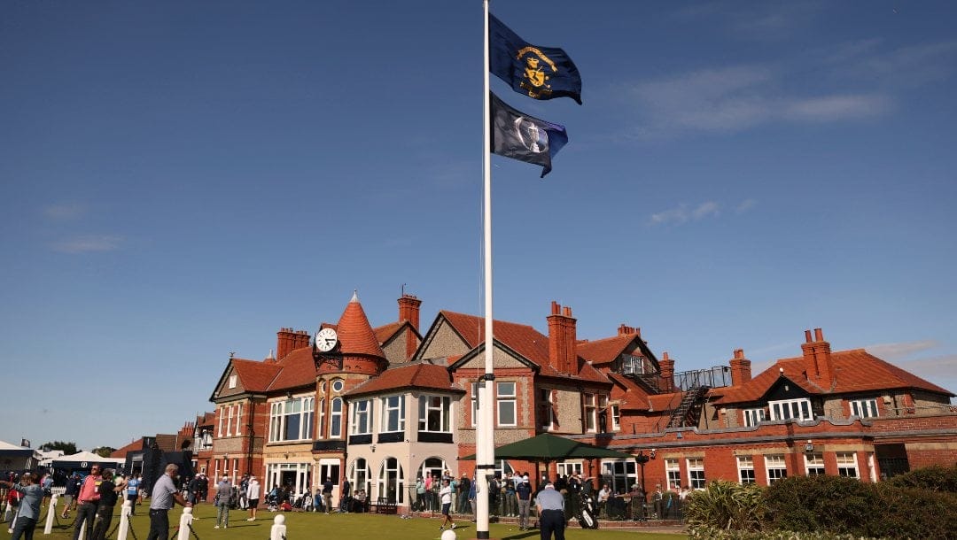 The club house of the Royal Liverpool Golf Club with golfers using the practice green ahead of the British Open Golf Championships at the Royal Liverpool Golf Club in Hoylake, England, Monday, July 17, 2023. The Open starts Thursday, July 20.