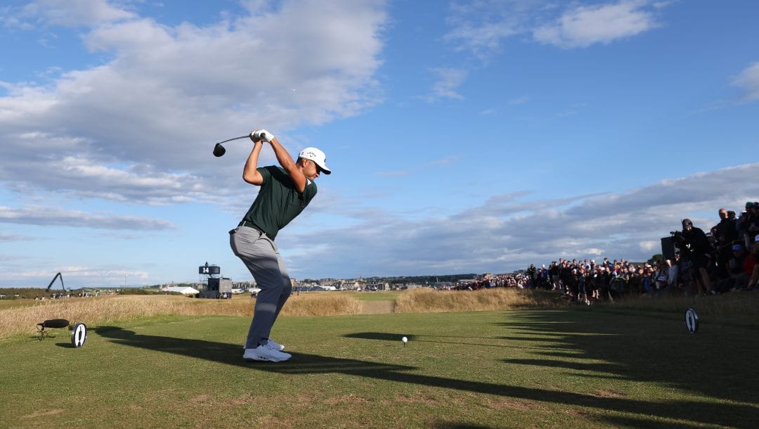 Xander Schauffele of the US plays from the 15th tee during the second round of the British Open golf championship on the Old Course at St. Andrews, Scotland, Friday July 15, 2022. The Open Championship returns to the home of golf on July 14-17, 2022, to celebrate the 150th edition of the sport's oldest championship, which dates to 1860 and was first played at St. Andrews in 1873.