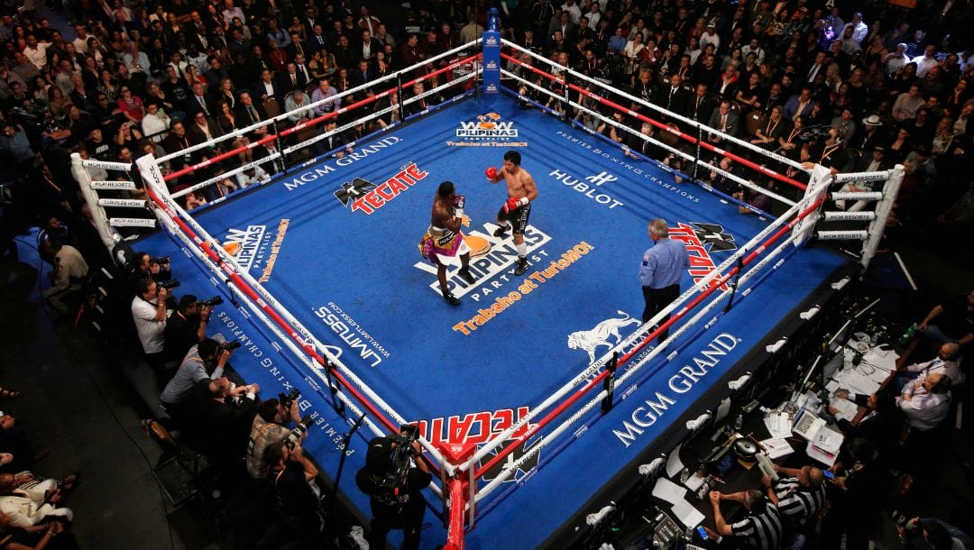 FILE - In this Jan. 19, 2019, file photo, Manny Pacquiao, center right, fights Adrien Broner in a WBA welterweight title boxing match.