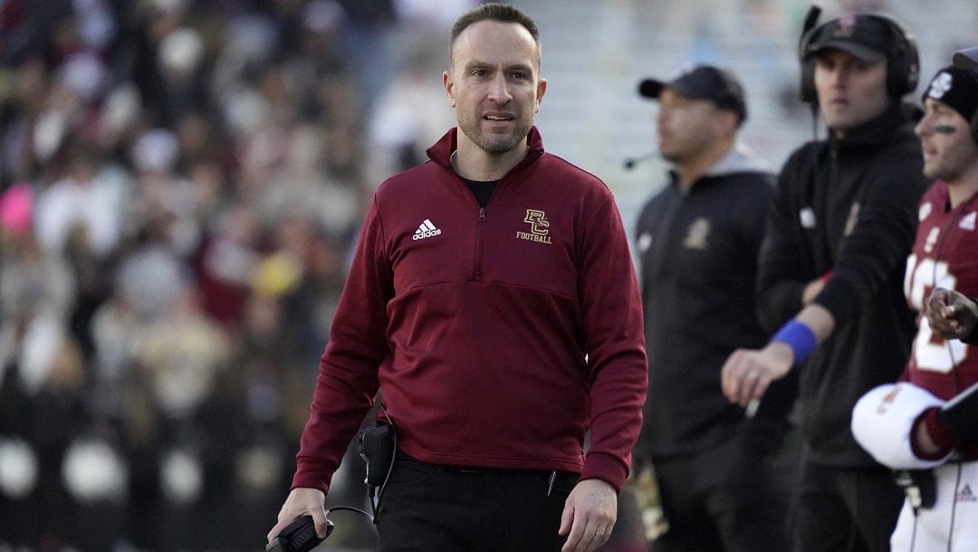 Boston College head coach Jeff Hafley looks on from the sideline during the second half of an NCAA college football game against Florida State, Saturday, Nov. 20, 2021, in Boston.