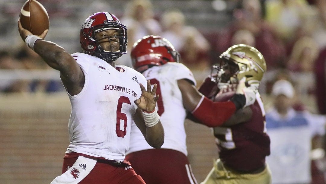 Jacksonville State quarterback Zerrick Cooper (6) throws in the fourth quarter of an NCAA college football game against Florida State Saturday, Sept. 11, 2021, in Tallahassee, Fla. Jacksonville State won 20-17.
