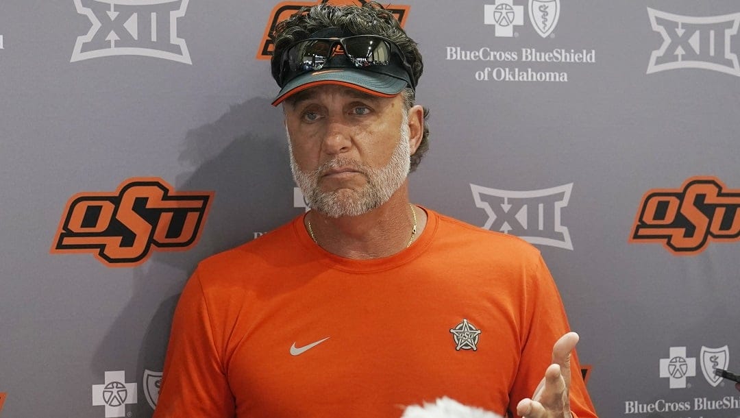 Oklahoma State head coach Mike Gundy talks to the media during an NCAA college football spring practice, Monday, March 27, 2023, in Stillwater, Okla.
