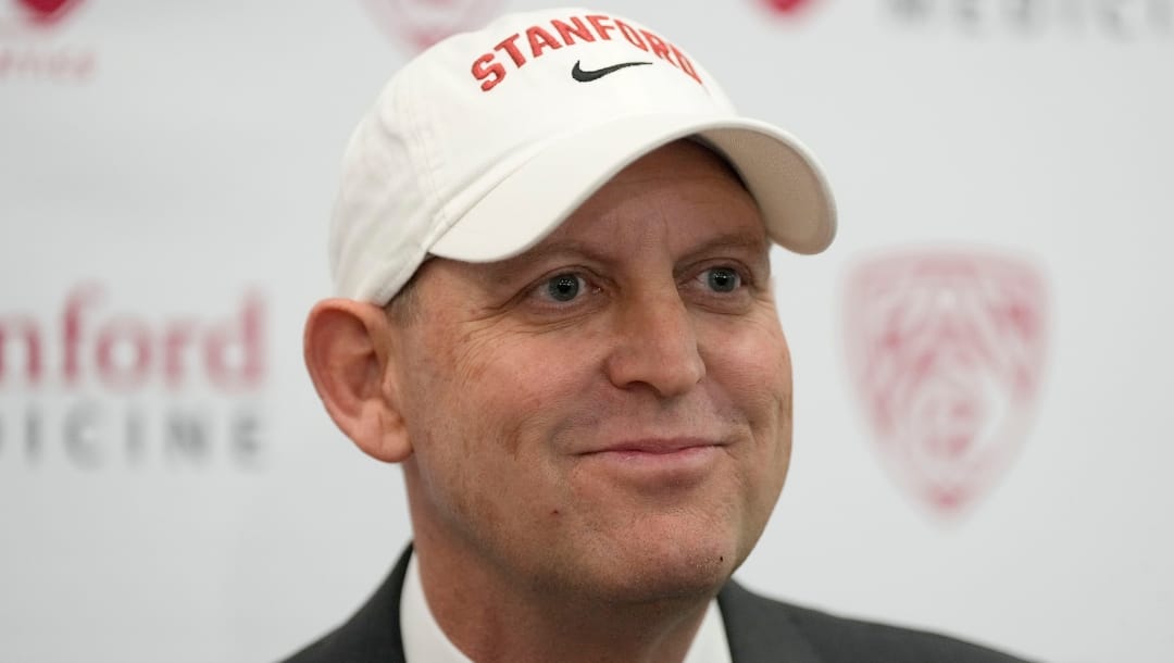 Troy Taylor speaks after being introduced as the new head NCAA college football coach at Stanford during a news conference, Monday, Dec. 12, 2022, in Stanford, Calif. (AP Photo/Tony Avelar)