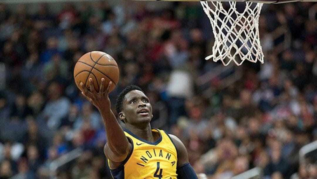 Indiana Pacers Victor Oladipo scores in a game against the Washington Wizards on March 17, 2018 at the Capital One Arena.