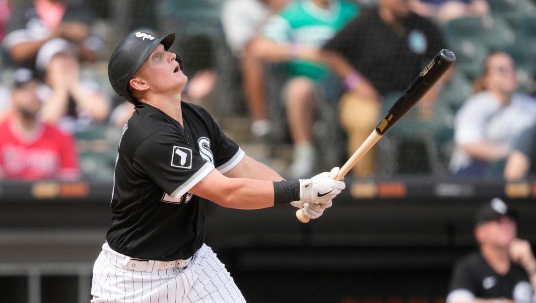 Chicago White Sox's watches the flight of the ball during a baseball game against the Los Angeles Angels Wednesday, May 31, 2023, in Chicago.