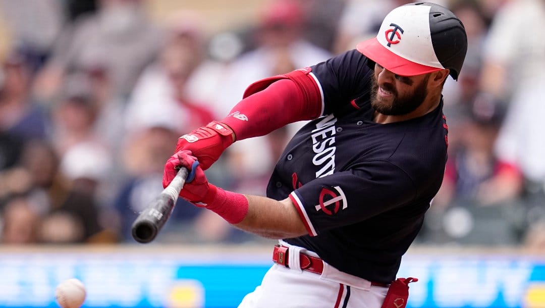 Minnesota Twins' Joey Gallo hits a single during the seventh inning of a baseball game against the San Diego Padres, Thursday, May 11, 2023, in Minneapolis. (AP Photo/Abbie Parr)