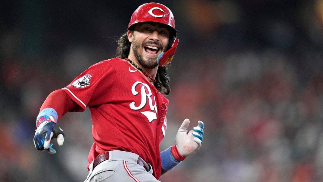 Cincinnati Reds' Jonathan India celebrates after hitting a home run against the Houston Astros during the eighth inning of a baseball game Sunday, June 18, 2023, in Houston.