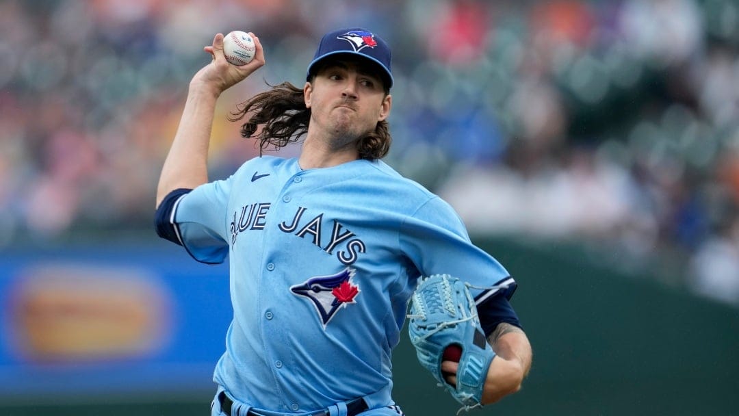 Toronto Blue Jays pitcher Kevin Gausman throws against the Detroit Tigers in the first inning of a baseball game, Saturday, July 8, 2023, in Detroit. (AP Photo/Paul Sancya)