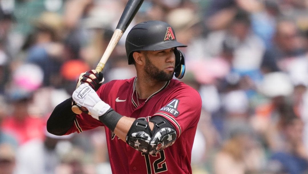 Arizona Diamondbacks designated hitter Lourdes Gurriel Jr. bats during the third inning of a baseball game, Saturday, June 10, 2023, in Detroit.