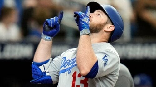 Los Angeles Dodgers' Max Muncy celebrates his solo home run off Tampa Bay Rays pitcher Tyler Glasnow during the second inning of a baseball game Saturday, May 27, 2023, in St. Petersburg, Fla.