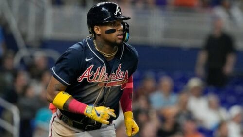 Atlanta Braves' Ronald Acuna Jr. (13) runs during a baseball game against the Miami Marlins, Tuesday, May 2, 2023, in Miami.
