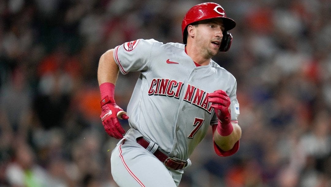 Cincinnati Reds' Spencer Steer runs while flying out during the fourth inning of a baseball game against the Houston Astros, Friday, June 16, 2023, in Houston.