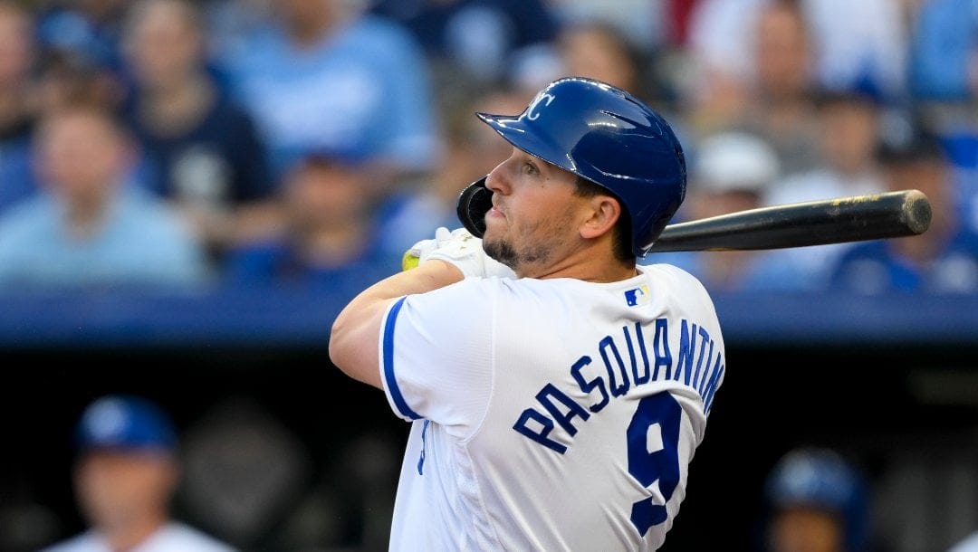 Kansas City Royals' Vinnie Pasquantino at bat during the first inning of a baseball game against the Toronto Blue Jays, Monday, April 3, 2023, in Kansas City, Mo.