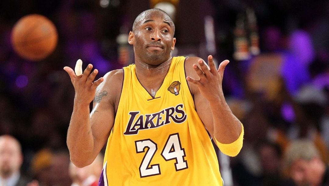 Kobe Bryant #24 of the Los Angeles Lakers reacts in the second period while taking on the Boston Celtics in Game Six.