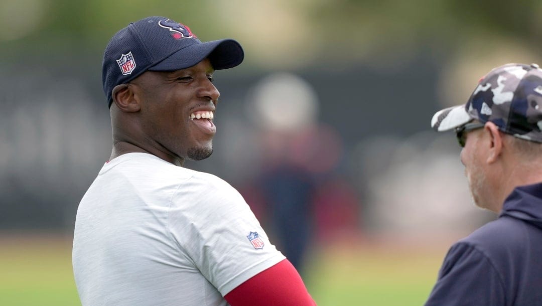Houston Texans coach DeMeco Ryans laughs during a rookie football minicamp practice Friday, May 12, 2023, in Houston. (AP Photo/David J. Phillip)
