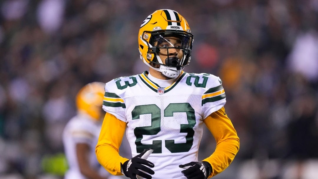 Green Bay Packers' Jaire Alexander reacts during an NFL football game, Sunday, Nov. 27, 2022, in Philadelphia.