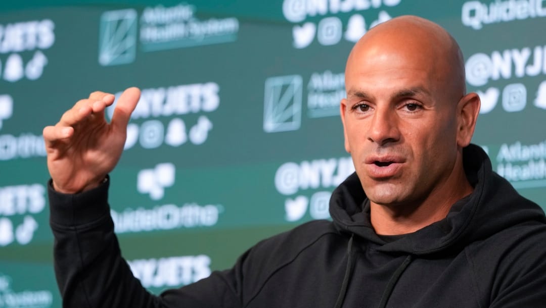 New York Jets' head coach Robert Saleh talks to reporters at the NFL football team's training facility in Florham Park, N.J., Wednesday, May 31, 2023. (AP Photo/Seth Wenig)