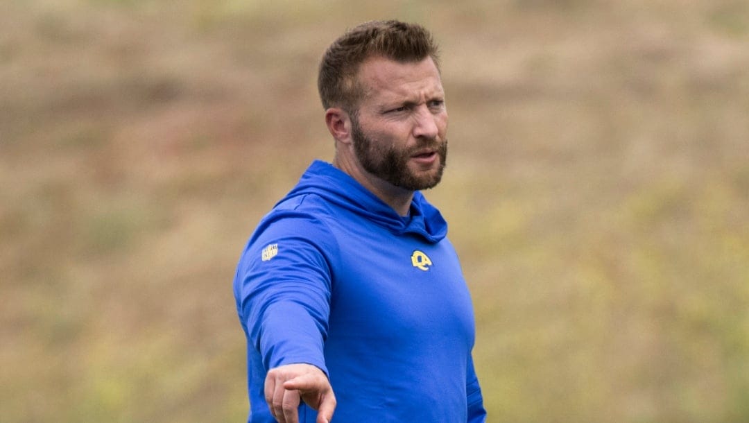 Los Angeles Rams coach Sean McVay gives instructions during the NFL football team's camp Tuesday, June 13, 2023, in Thousand Oaks, Calif. (AP Photo/Kyusung Gong)