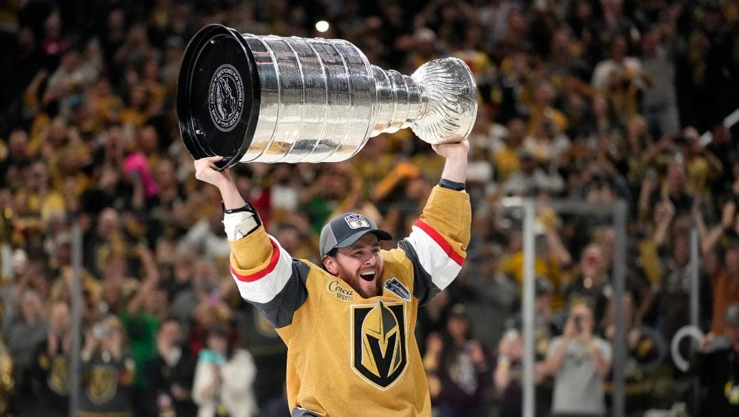 Vegas Golden Knights right wing Jonathan Marchessault skates with the Stanley Cup after the Knights defeated the Florida Panthers 9-3 in Game 5 of the NHL hockey Stanley Cup Finals Tuesday, June 13, 2023, in Las Vegas. The Knights won the series 4-1.