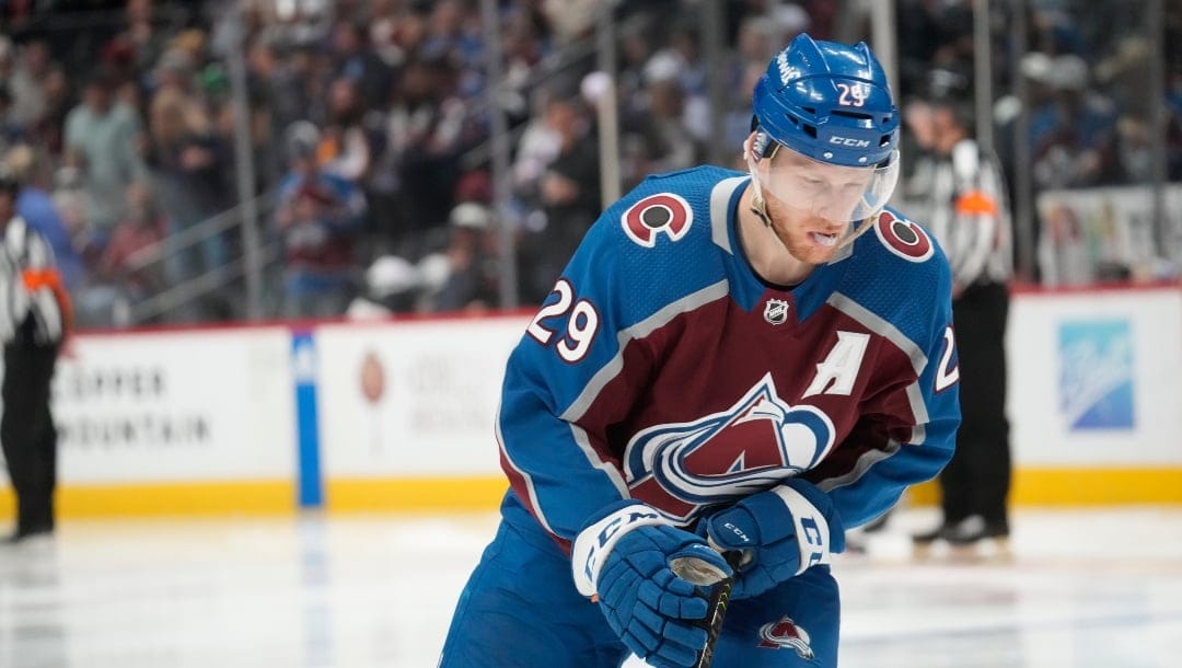 Colorado Avalanche center Nathan MacKinnon (29) in the second period of Game 5 of an NHL hockey first-round playoff series Wednesday, April 26, 2023, in Denver. (AP Photo/David Zalubowski)