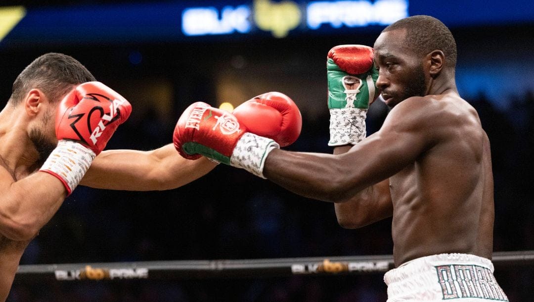 Terence "Bud" Crawford, right, fights David Avanesyan during a WBO welterweight title boxing bout on Saturday, Dec. 10, 2022.