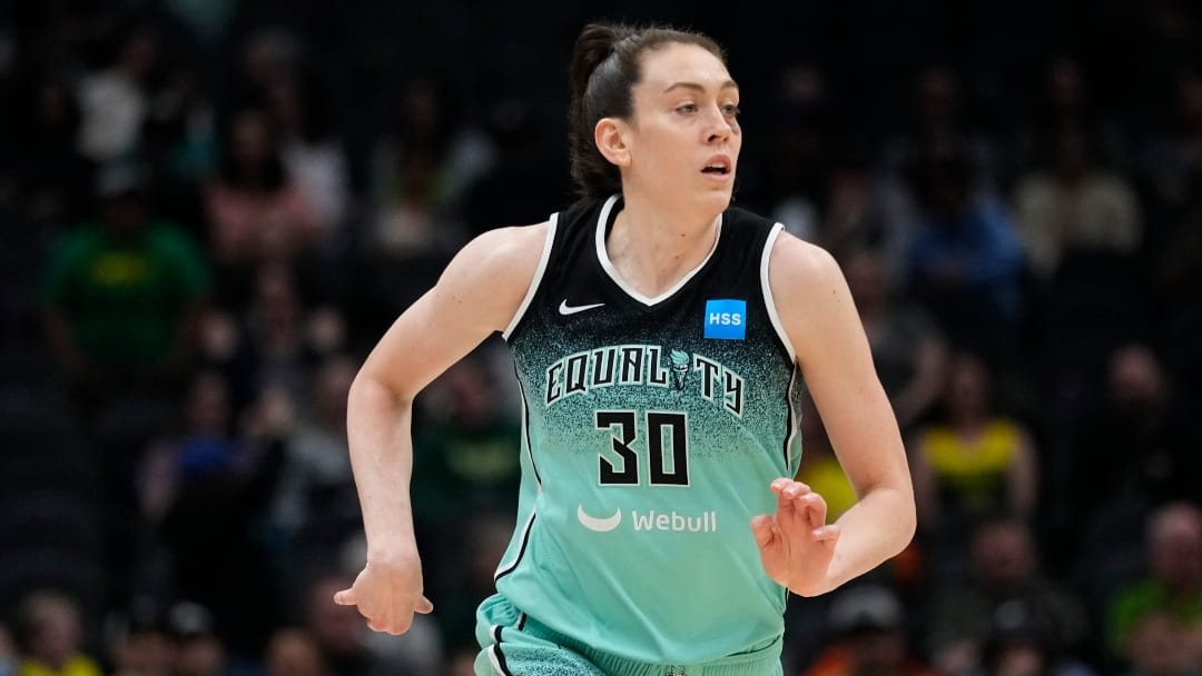 New York Liberty forward Breanna Stewart (30) runs on the court against the Seattle Storm during the first half of a WNBA basketball game, Tuesday, May 30, 2023, in Seattle. (AP Photo/Lindsey Wasson)