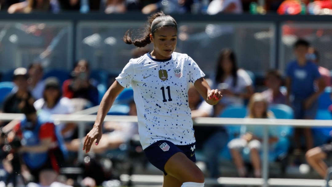 United States’ Sophia Smith moves the ball to assist Trinity Rodman who then scored in the second half of a FIFA Women's World Cup send-off soccer match against Wales in San Jose, Calif., Sunday, July 9, 2023.