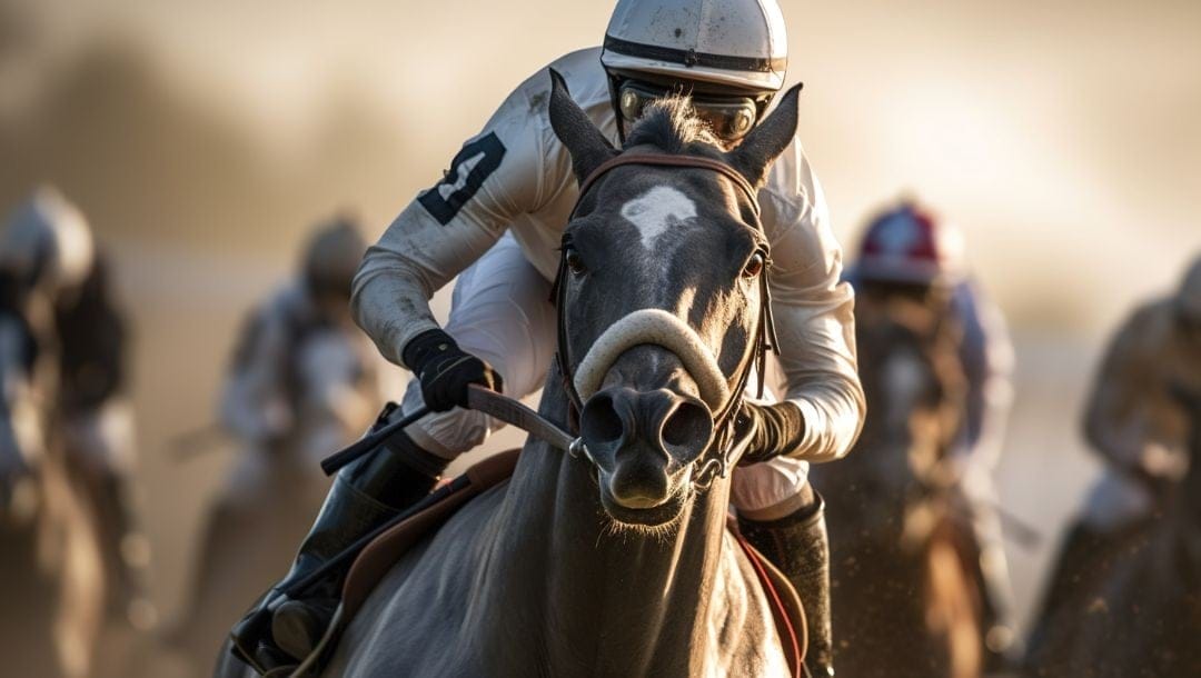 front view shot of a jockey racing on a horse with other racers blurred in the background