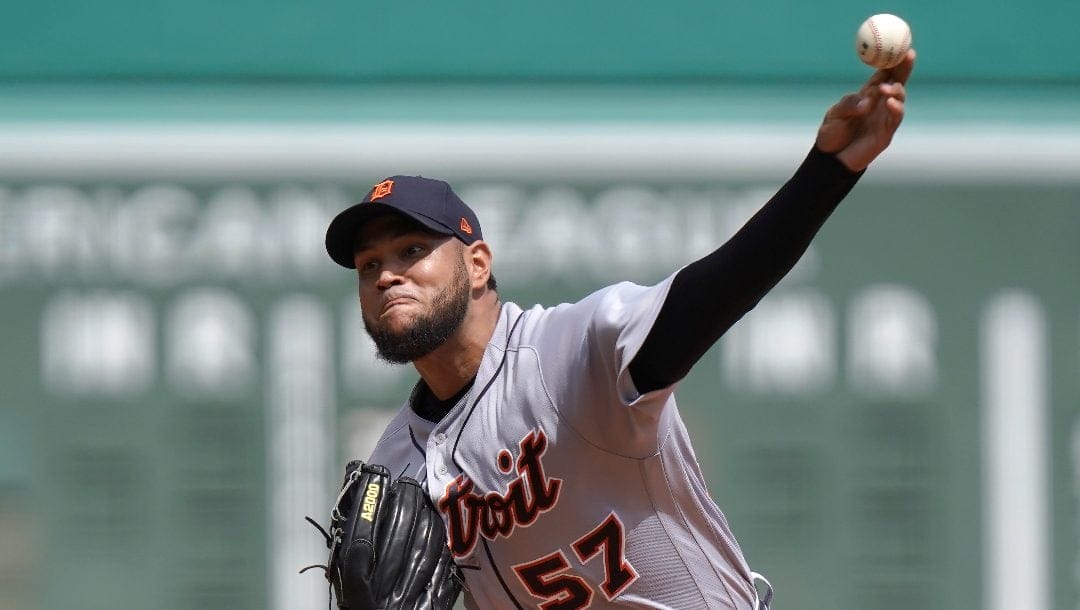 Detroit Tigers pitcher Eduardo Rodriguez delivers to a Boston Red Sox batter in the first inning of a baseball game, Sunday, Aug. 13, 2023, in Boston.