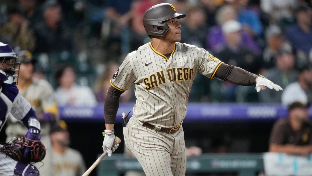San Diego Padres left fielder Juan Soto (22) in the fifth inning of a baseball game Tuesday, Aug. 1, 2023, in Denver.