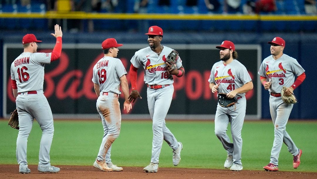 St. Louis Cardinals, from left, second baseman Nolan Gorman (16), shortstop Tommy Edman (19), right fielder Jordan Walker (18), left fielder Alec Burleson (41), and center fielder Dylan Carlson (3) after closing out the Tampa Bay Rays during the ninth inning of a baseball game Wednesday, Aug. 9, 2023, in St. Petersburg, Fla.